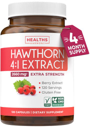Healths Harmony hawthorn berry extract bottle showing potent 4:1 concentrate for daily wellness