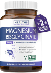 Healths Harmony magnesio bisglicinato en frasco, uso diario recomendado.