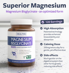 Healths Harmony capsules closeup highlighting easy to swallow vegan magnesium for lasting support.