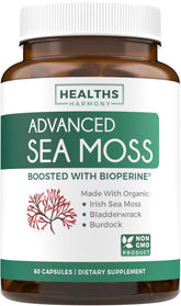 Healths Harmony cápsulas musgo de mar orgánico, botella frontal, fuente natural de nutrientes