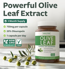 Healths Harmony olive leaf extract bottle front showing 750mg potency and oleuropein content.
