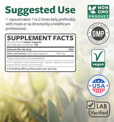 Healths Harmony olive leaf extract label highlighting 20% oleuropein.