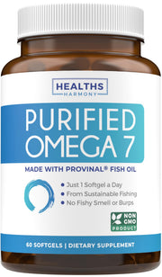Healths Harmony Omega 7 purified oil bottle shows clean formulation for daily wellness