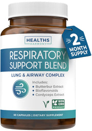 Healths Harmony Respiratory bottle closeup highlighting lung support and clear airways.