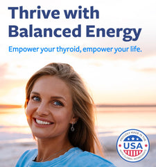 Closeup of Healths Harmony Thyroid Support capsules; convenient daily supplement for energy and mood.