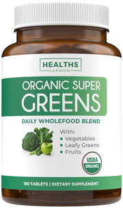 Healths Harmony USDA Organic Super Greens tablets in a bottle for daily nutrition.