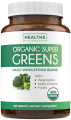 Healths Harmony USDA Organic Super Greens tablets in a bottle for daily nutrition.