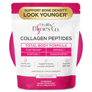 Healthy Bones Co. Fortibone bottle shows a premium collagen blend for bone and joint support