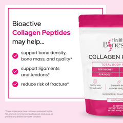 Healthy Bones Co. Fortibone label lists FORTIBONE, FORTIGEL, VERISOL, TENDOFORTE for essential actives