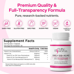 Healthy Bones Co. Premium D3 K2 capsules closeup highlighting 2000 IU D3 and K2 usage.