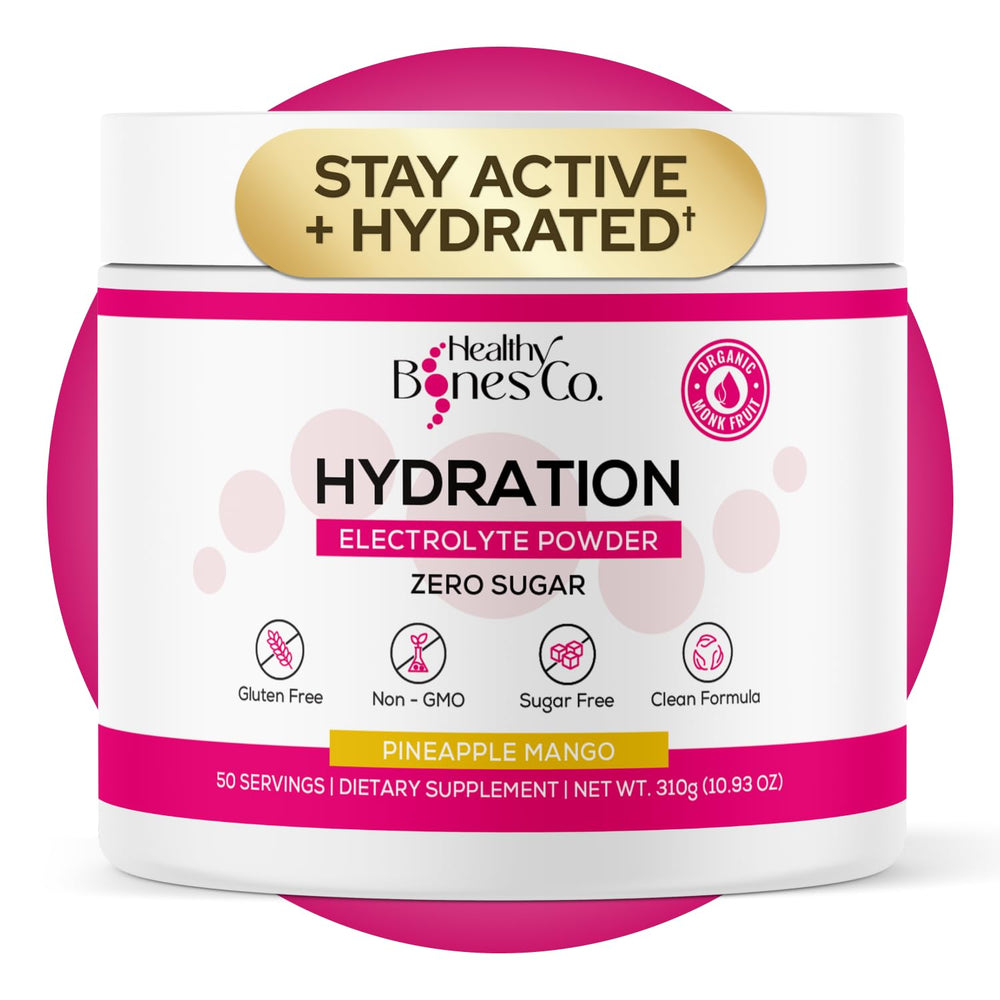 Healthy Bones Co. sugar-free electrolyte bottle promotes quick hydration for daily activities.