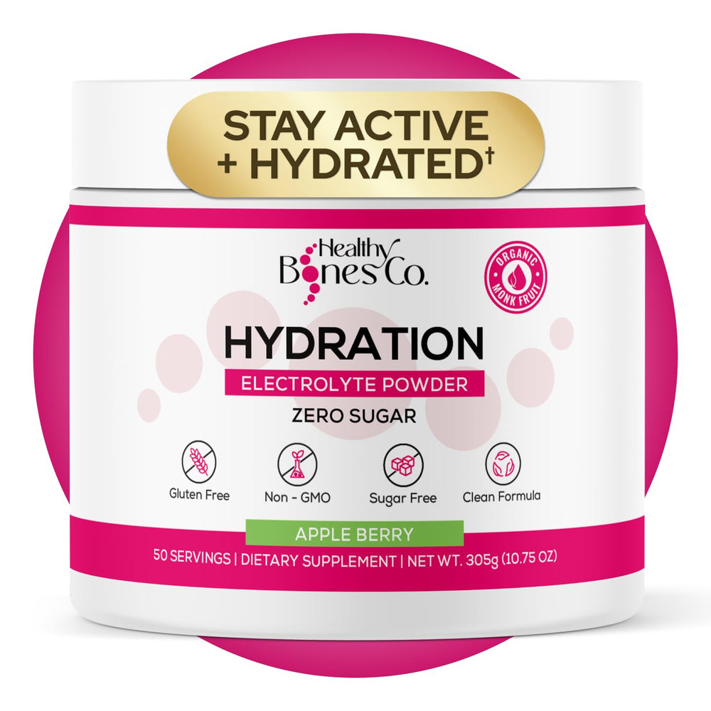 Healthy Bones Co sugar-free electrolyte powder in apple berry bottle for on-the-go hydration.