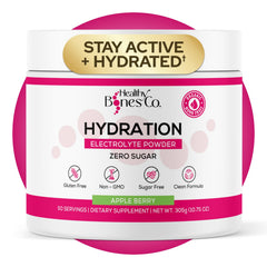 Healthy Bones Co sugar-free electrolyte powder in apple berry bottle for on-the-go hydration.