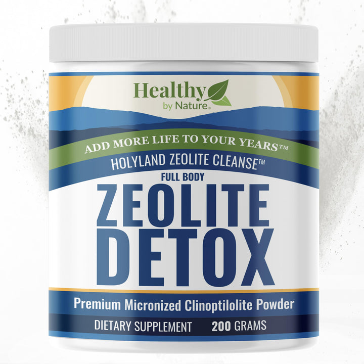 Healthy by Nature HolyLand Zeolite Cleanse bottle pour demonstrates easy daily usage for gentle detox.