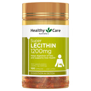 Healthy Care Lecithin 1200mg bottle close-up showing capsules for supporting fat digestion