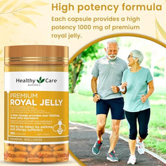 Healthy Care Royal Jelly 1000 capsules closeup emphasizing concentrated nutrients