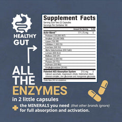 Healthy Gut HoloZyme label closeup—ingredient highlights and high-quality standards.