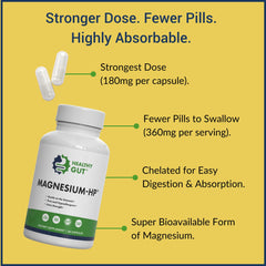 Healthy Gut Magnesium-HP bottle front showcases zero fillers and pure magnesium glycinate.