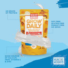 Pouring Healthy Heights Grow Daily protein powder into a glass for a quick shake.