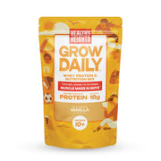 Healthy Heights Grow Daily vanilla protein tub ready for quick, kid-friendly shakes.