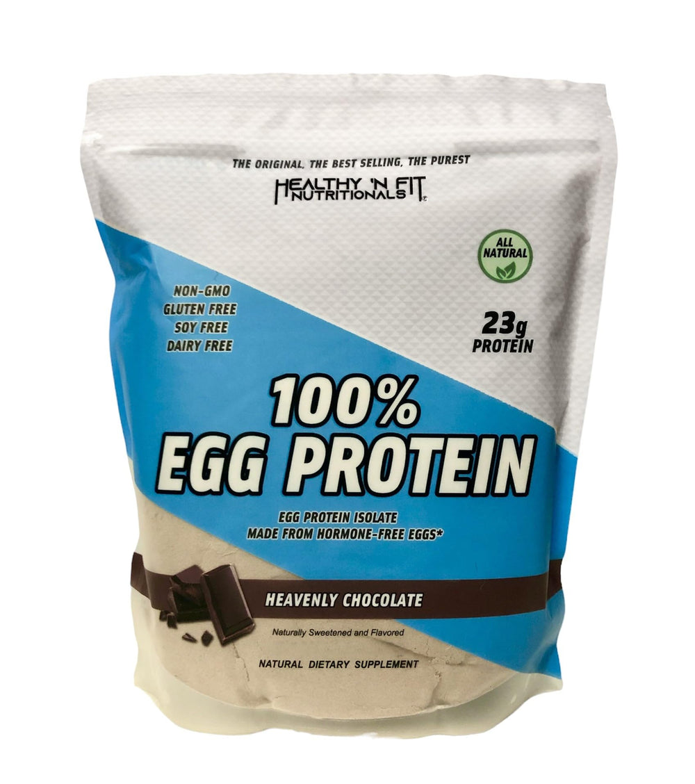 Healthy 'N Fit 100% Egg Protein chocolate label highlighting pure egg white protein for clean macros.