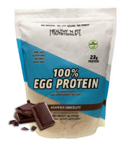 Healthy 'N Fit 100% Egg Protein chocolate powder bottle shows pure egg white protein for clean, lactose-free fueling