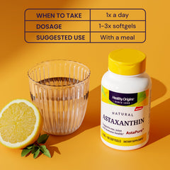 Healthy Origins Astaxanthin bottle top highlights easy daily dosing.