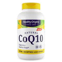 Healthy Origins CoQ10 300 mg bottle with capsules for energy support.