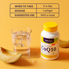 Healthy Origins CoQ10 bottle label detailing 300 mg per softgel.