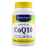 Healthy Origins CoQ10 Enhanced Bottle highlights improved absorption for daily energy support