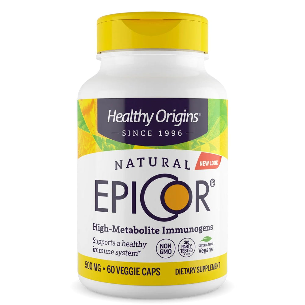 Healthy Origins EpiCor 500 mg bottle and capsules for immune support.