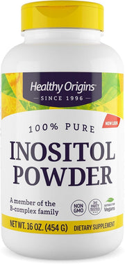 Healthy Origins Inositol Powder bottle shows vegan B-complex supplement for daily wellness.
