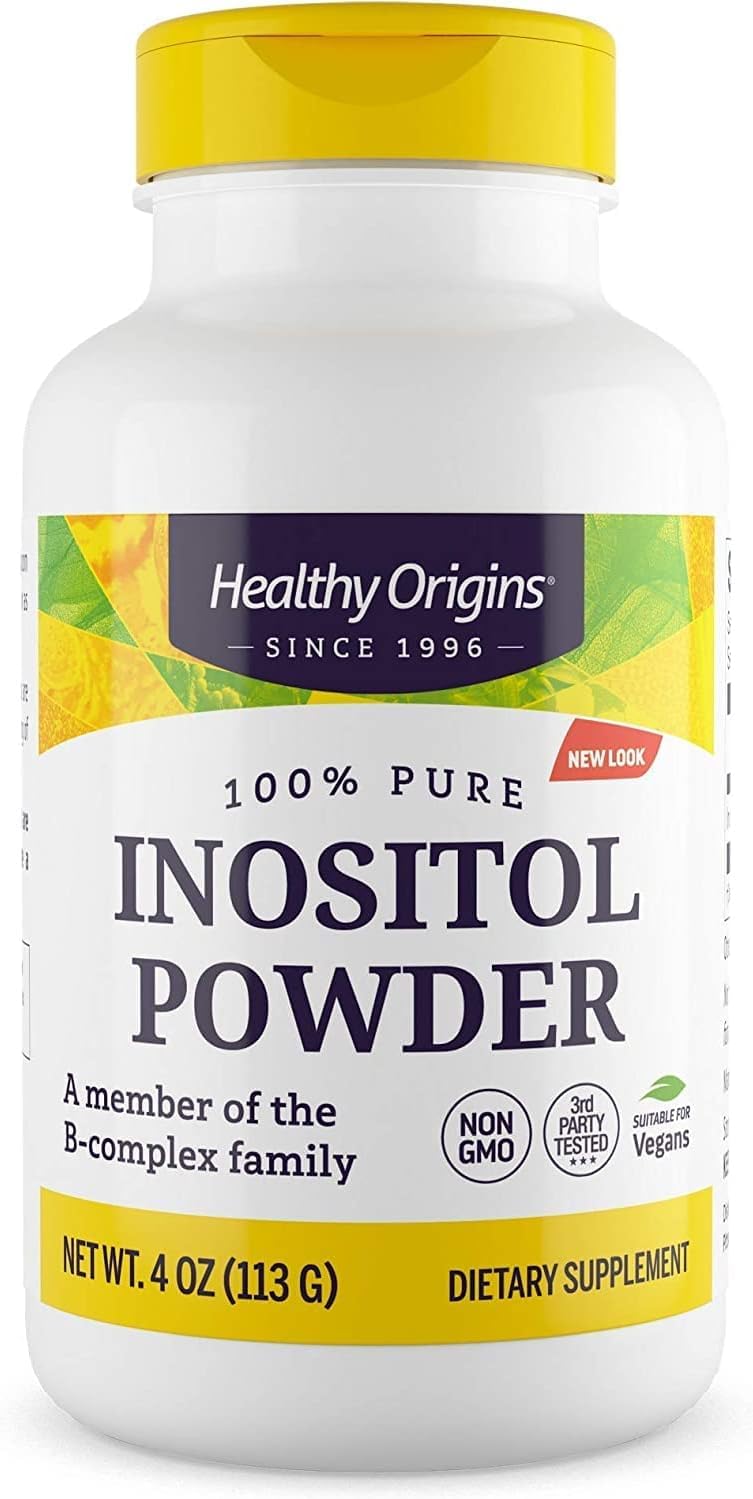 Healthy Origins Inositol powder tub label visible for daily wellness.
