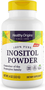 Healthy Origins Inositol powder tub label visible for daily wellness.