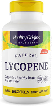 Healthy Origins Lycopene softgel bottle with label emphasizing antioxidant support for heart health.