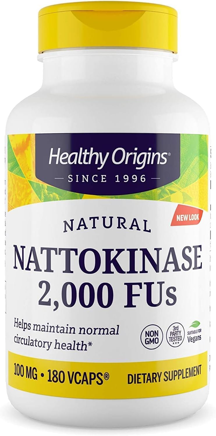 Healthy Origins Nattokinase bottle shown for daily circulatory support.
