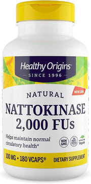 Healthy Origins Nattokinase bottle shown for daily circulatory support.