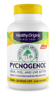 Healthy Origins Pycnogenol 150 mg bottle with capsules, highlighting antioxidant support.