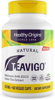 Healthy Origins Teavigo green tea extract bottle highlights high EGCG content for daily antioxidant support.