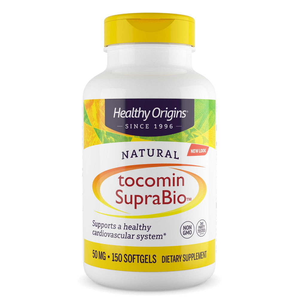 Healthy Origins Tocomin SupraBio bottle front shows full spectrum vitamin E for antioxidant support.