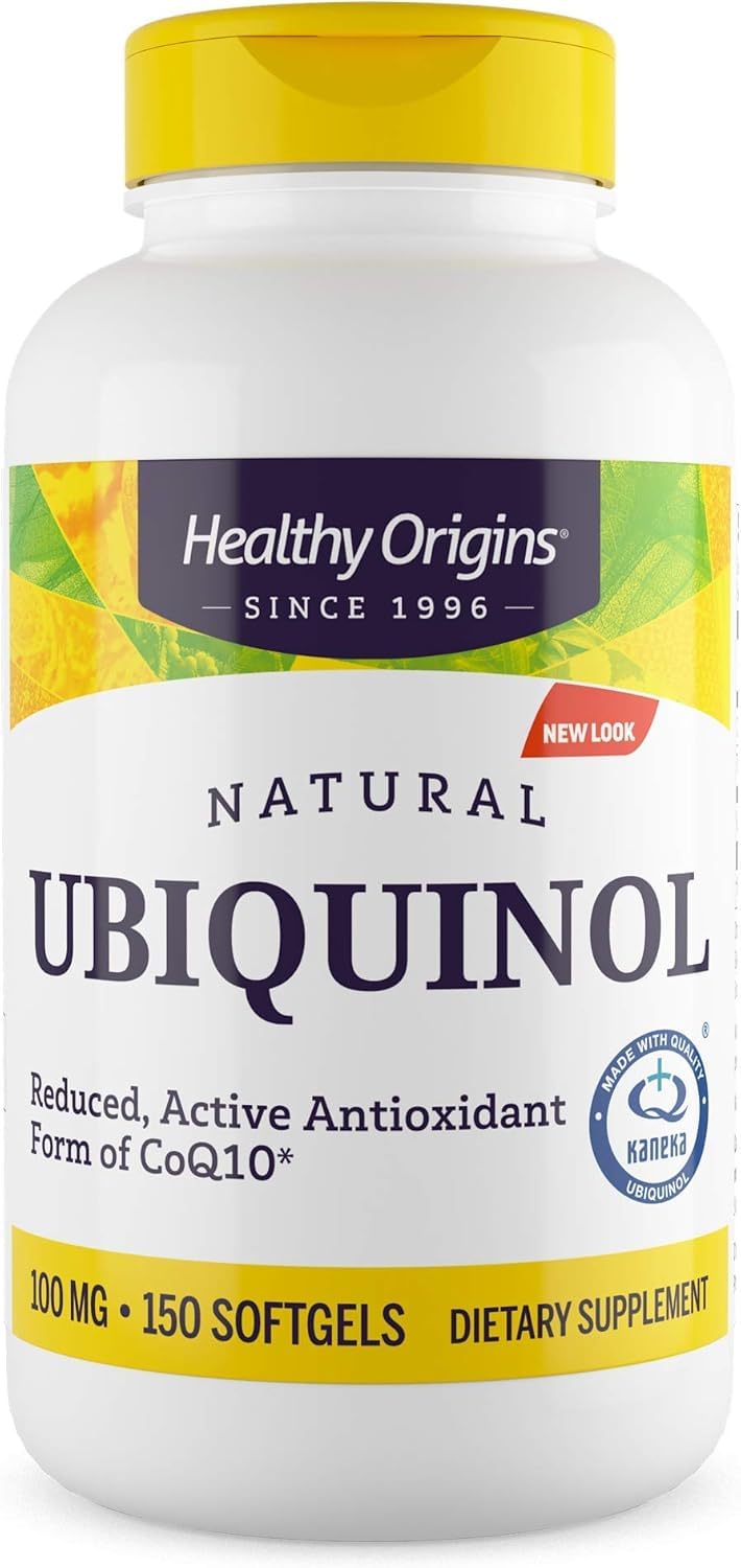 Healthy Origins Ubiquinol 100 mg bottle label shows non-GMO and gluten-free claims