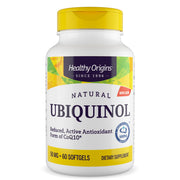 Healthy Origins Ubiquinol 50 mg softgel bottle front shows heart-support and antioxidant potential.