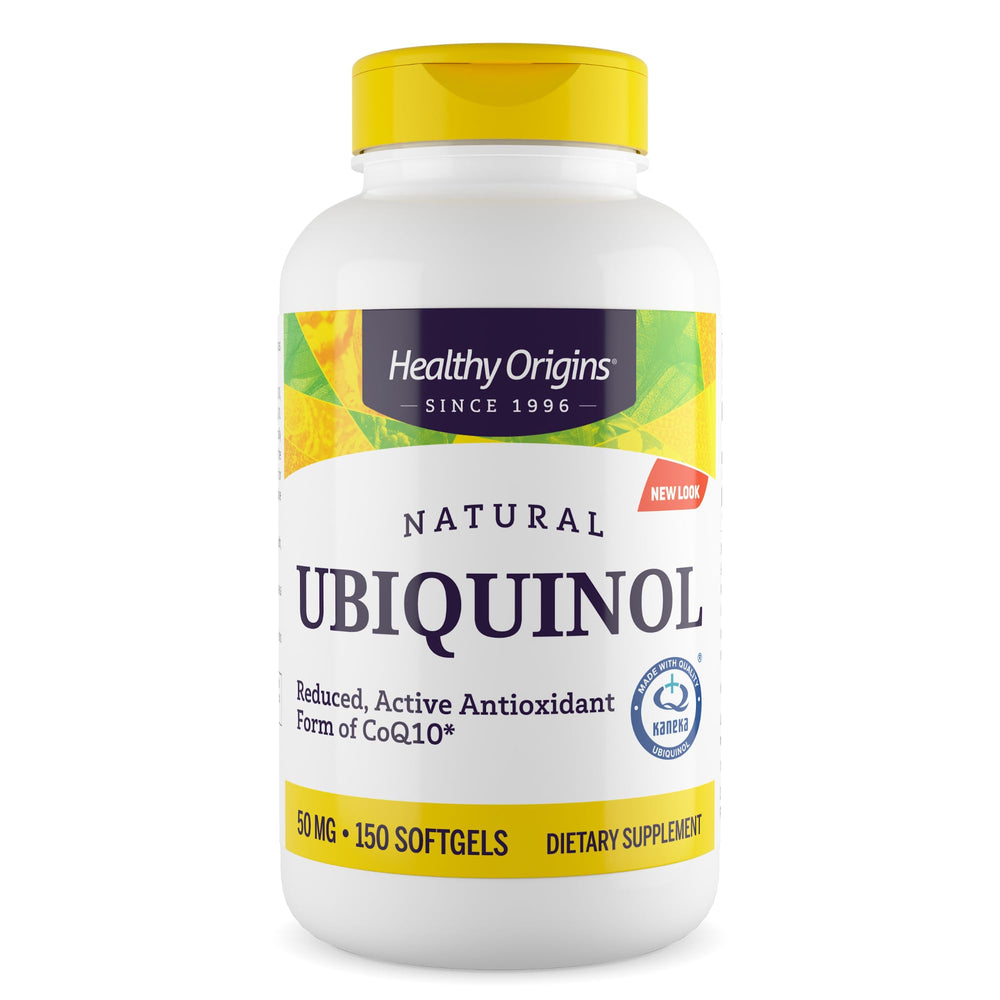 Healthy Origins Ubiquinol bottle front shows active CoQ10 for daily energy support