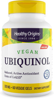 Healthy Origins Vegan Ubiquinol 100 mg bottle on a clean surface for daily antioxidant support.