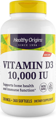 Healthy Origins Vitamin D3 bottle with 360 softgels for daily bone support.