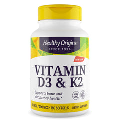 Healthy Origins vitamin d3 k2 bottle front view showing bone and heart support.