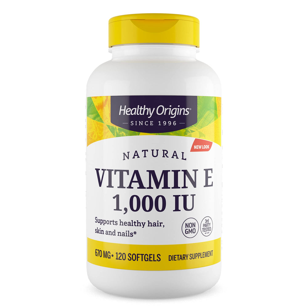 Healthy Origins Vitamin E 1000 IU bottle highlights natural mixed tocopherols for daily use.