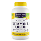 Healthy Origins Vitamin E 1000 IU bottle highlights natural mixed tocopherols for daily use.