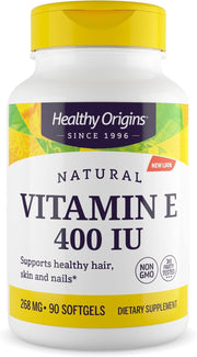 Healthy Origins Vitamin E 400 IU bottle with softgels, supports healthy skin.