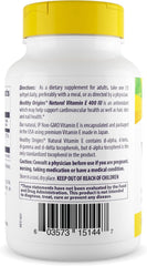 Healthy Origins Vitamin E 400 IU label closeup showing natural gluten-free formula.